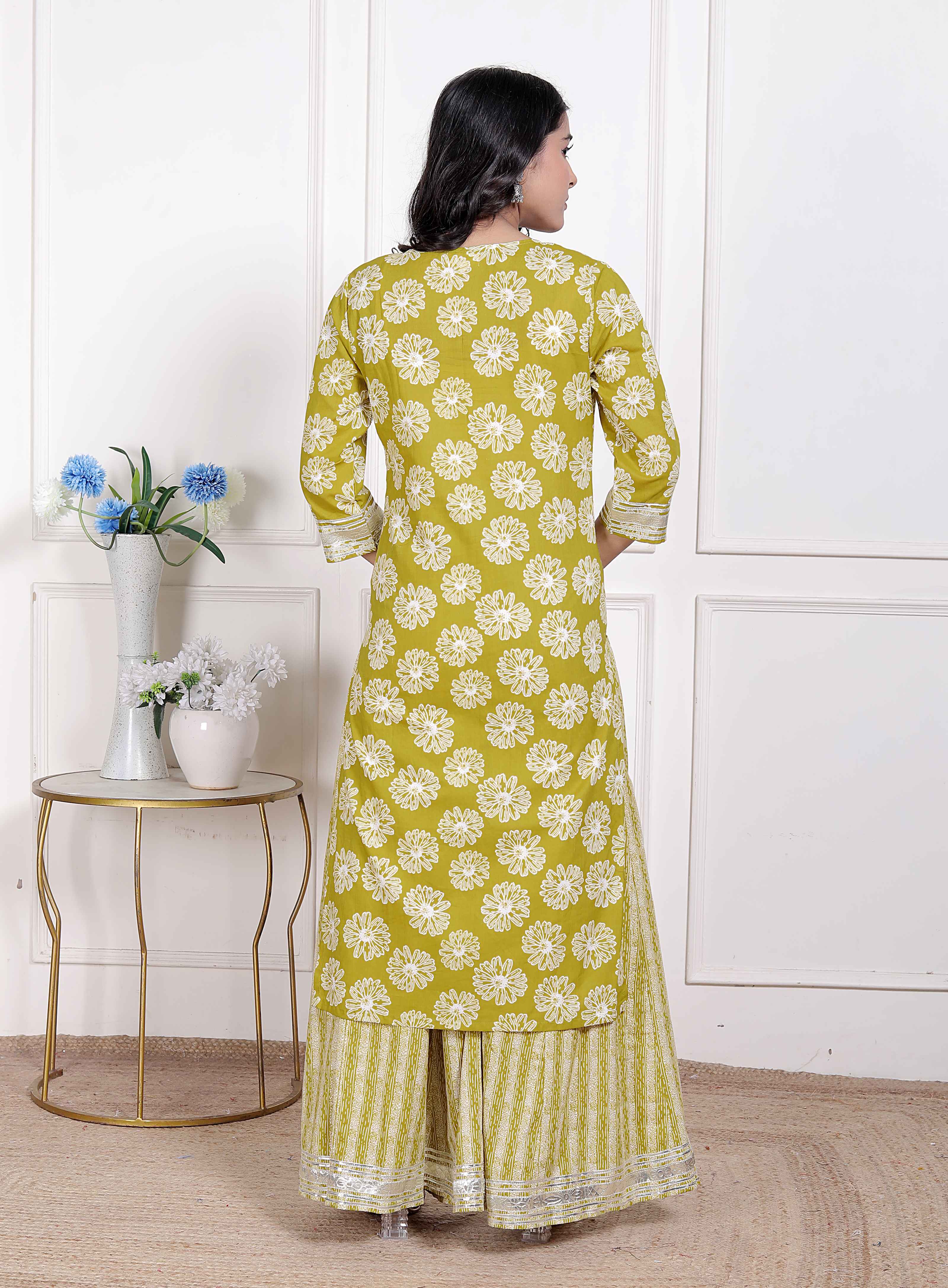 Lime Yellow Embroidered Straight Kurta with Palazzo & Dupatta